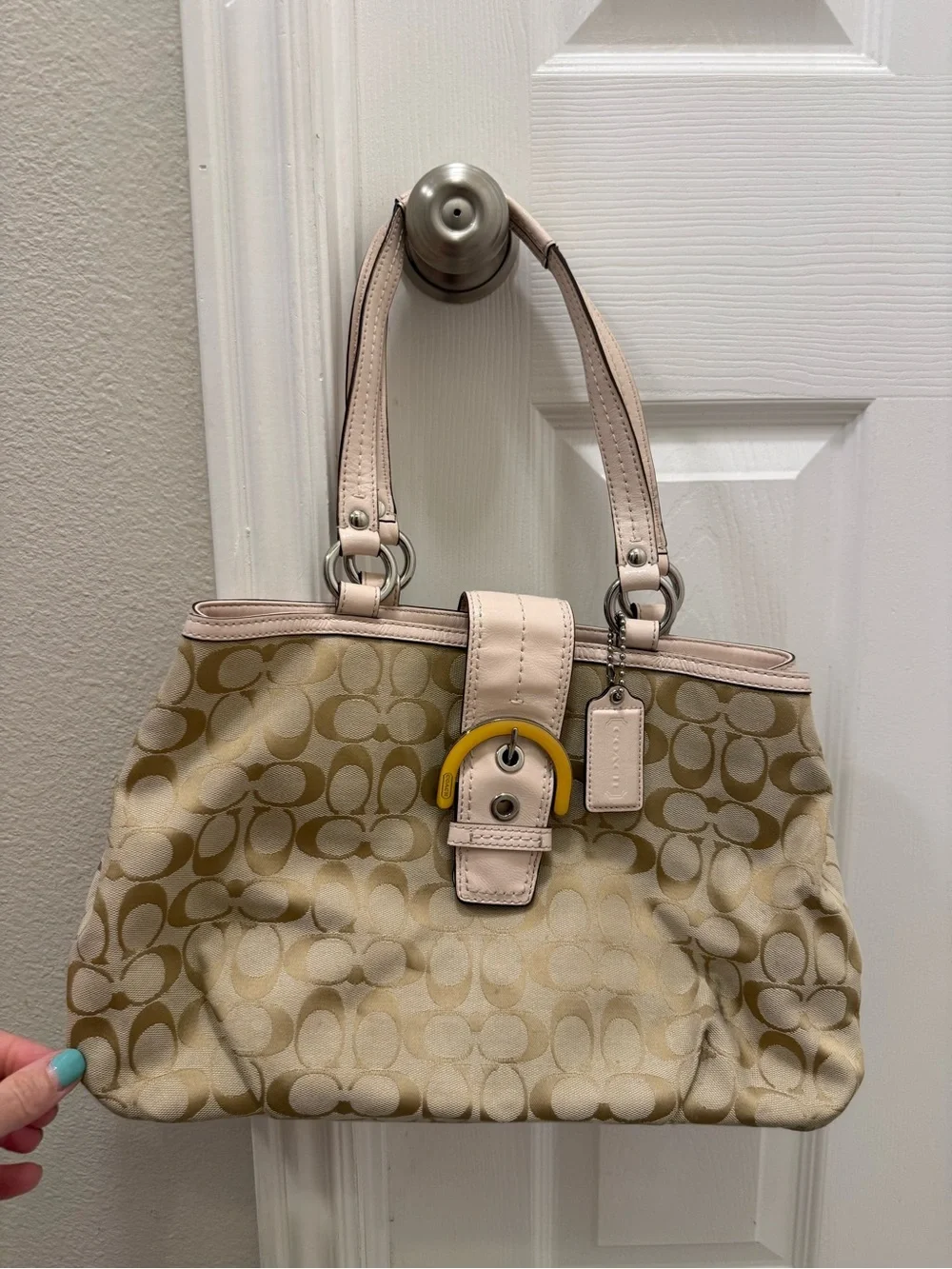 Coach VintageBeige Signature Shoulder Bag with Pale Pink Trim and Yellow Accent